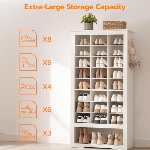 HOOBRO Shoe Cabinet, 8-Tier Heavy Duty Shoe Storage Cabinet, Freestanding Shoe Rack with 24 Cubbies and 3 Hooks, for Entryway, Closet, Living Room, White WT24SC01 HOOBRO