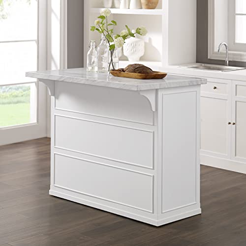Crosley Furniture Cutler Faux Marble Top Kitchen Island with Storage, Breakfast Bar, Microwave Stand, White Crosley Furniture