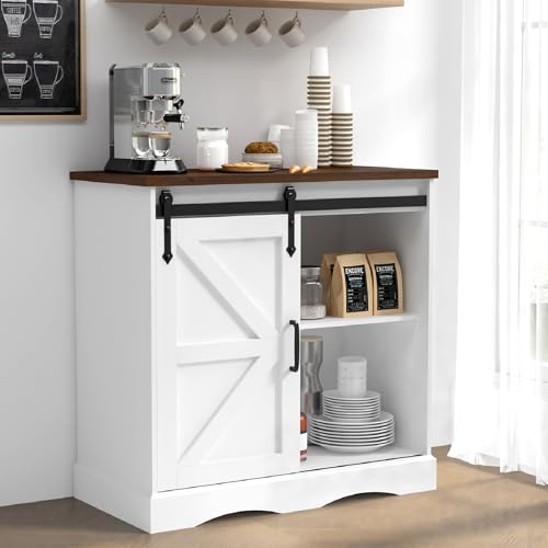 HOMFAMILIA 31.5" H Farmhouse Coffee Bar Cabinet w/Storage, White Kitchen Sideboard Buffet Cabinet with Sliding Barn Door, Rustic Accent Console with Adjustable Shelves, for Kitchen, Living Room HOMFAMILIA
