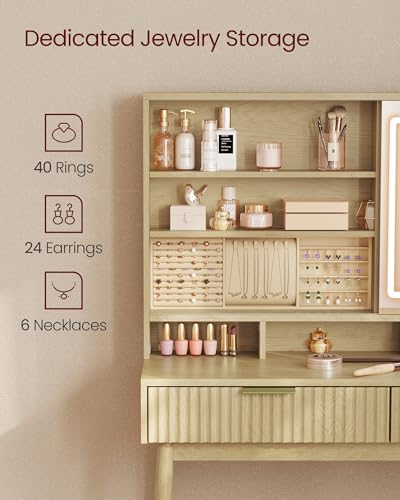 VASAGLE MAXE Collection - Vanity Desk with Sliding Mirror and Lights, Mid Century Modern Fluted Makeup Vanity with 10x Magnifying Mirror, Charging Station, Jewelry Storage, Oak Beige URDT139YC01S VASAGLE