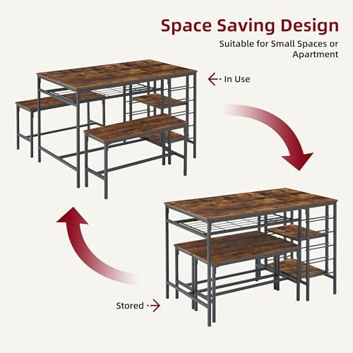 Dining Table Set for 4, Kitchen Table with 2 Benches, Wine Rack and Storage Shelf, Rectangular Dining Room Table Set, 3 Piece Dining Table Set for Small Space, Apartment, Dinette, Rustic Brown coucheta