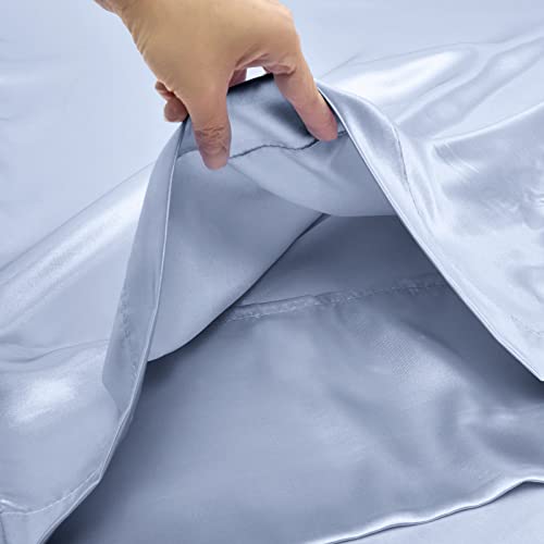 VACVELT 4pcs Extra Deep Pocket Queen Size Bedding Set, Baby Blue Luxury Satin Sheet Set Fit 18-24 Inch Deep Pocket Mattress, Soft & Ultra Deep Fitted Sheet Set VACVELT