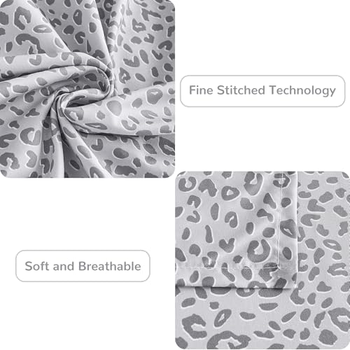 Mooreeke Leopard Cheetah Printed Queen Bed Sheets, Soft Microfiber Bedding Sheets & Pillowcases, Deep Pocket Non-Slip Fitted Queen Sheet, Silver Grey Animal Pattern Bedsheets Mooreeke