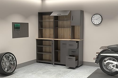 Inval Proforte 2-Piece Garage Storage Cabinet Set with 1 Large Cabinet, 3-Drawer Cabinet, Adjustable Shelves, Dark Gray/Maple Inval