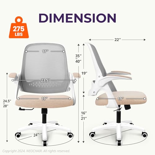 NEO CHAIR Office Desk Computer Gaming Ergonomic Chair with Lumbar Back Support Adjustable Height Swivel Wheels Flip-up Arms Mesh Chair for Home or Office (Beige) NEO CHAIR