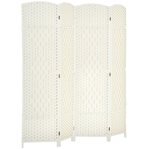 HOMCOM 4 Panel Room Divider, 6' Tall Folding Privacy Screen, Woven Freestanding Wall Partition for Home Office, Bedroom, White HOMCOM