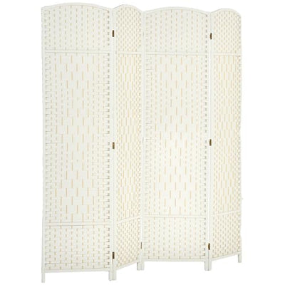 HOMCOM 4 Panel Room Divider, 6' Tall Folding Privacy Screen, Woven Freestanding Wall Partition for Home Office, Bedroom, White
