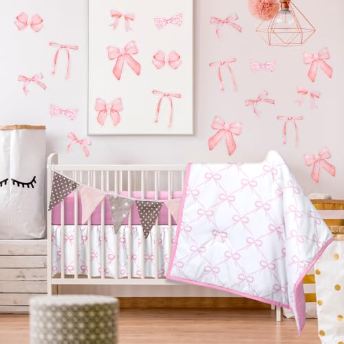 SmoothNovelty 5 Pcs Pink Bow Crib Bedding Set Include Print Crib Sheets Bed Skirt Comforter Pad Cover Wall Stickers for Girls Princess Nursery Room Decoration SmoothNovelty
