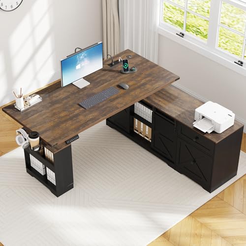 63" Farmhouse Electric Standing Desk Adjustable Height Sit Stand Corner Stand Desks, L Shaped Standing Computer Desk with Power Outlets & Storage Drawers & Sliding Door for Home Office, Black St.Mandyu