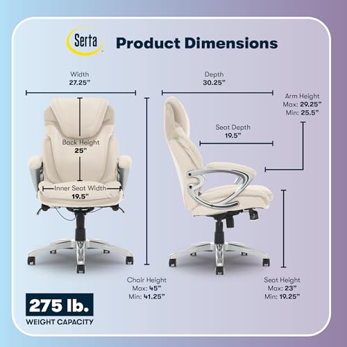 Serta Bryce Executive Office Chair, Ergonomic Computer DeskChairs with Patented AIR Lumbar Support, Comfy Body Pillows, Height Adjustable, Swivel Base with Wheels, Bonded Leather, Cream White Serta