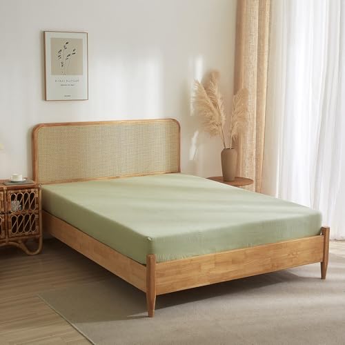 100% Muslin Cotton Sage Green Fitted Sheet Twin Only with 16" Elastic Deep Pocket, 1 Pack Soft Breathable Absorbent Gauze Single Fitted Bottom Sheet, Minimalist Fluffy Wrinkle Mattress Protector YASMENG