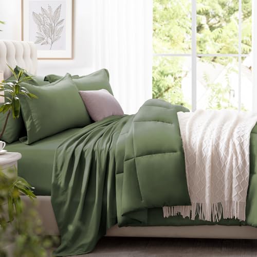 Zzlpp Queen Comforter Set 7 Pieces, Olive Green Bed in a Bag Bedding Set with 1 Comforter, 2 Pillow Shams, 2 Pillowcases, 1 Flat Sheet,1 Fitted Sheet with Pockets Zzlpp