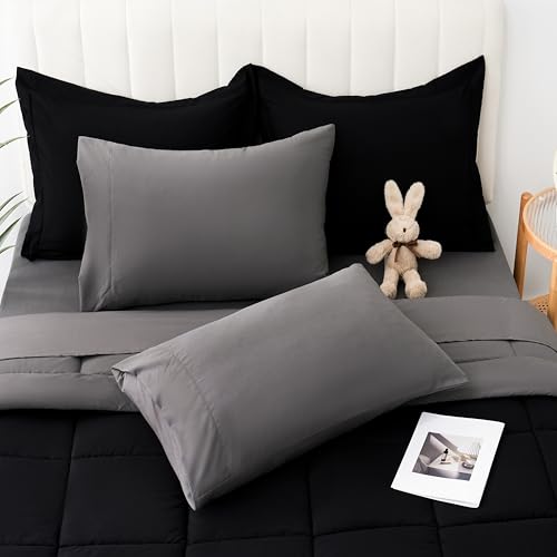 DOWNCOOL Full Size Comforter Sets, 7Pcs Full Size Bedding Sets Black/Grey, All Season Down Alternative Bedding Comforter Sets with Comforter, Flat Sheet, Fitted Sheet, 2 Pillow Shams & 2 Pillowcases DOWNCOOL