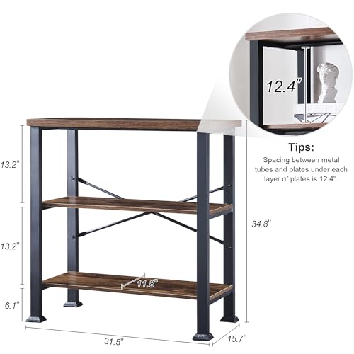 HOMBAZAAR 3-Tier Vintage Industrial Bookshelf - Rustic Wood and Metal Free Standing Storage Bookcase in Brown HOMBAZAAR