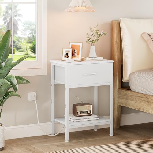Vagusicc White Nightstand with Charging Station, End Table with Fabric Drawer, Small Side Table with 2-Tier Storage Shelves, 25.4" Tall Bedside Table, White Night Stand for Bedroom, Living Room, Dorm Vagusicc