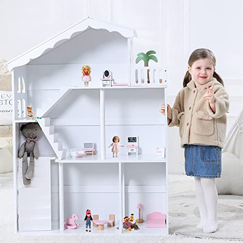 White Wooden Dollhouse Bookcase – Multi-Functional Toy and Book Storage Organizer for Kids WODENY