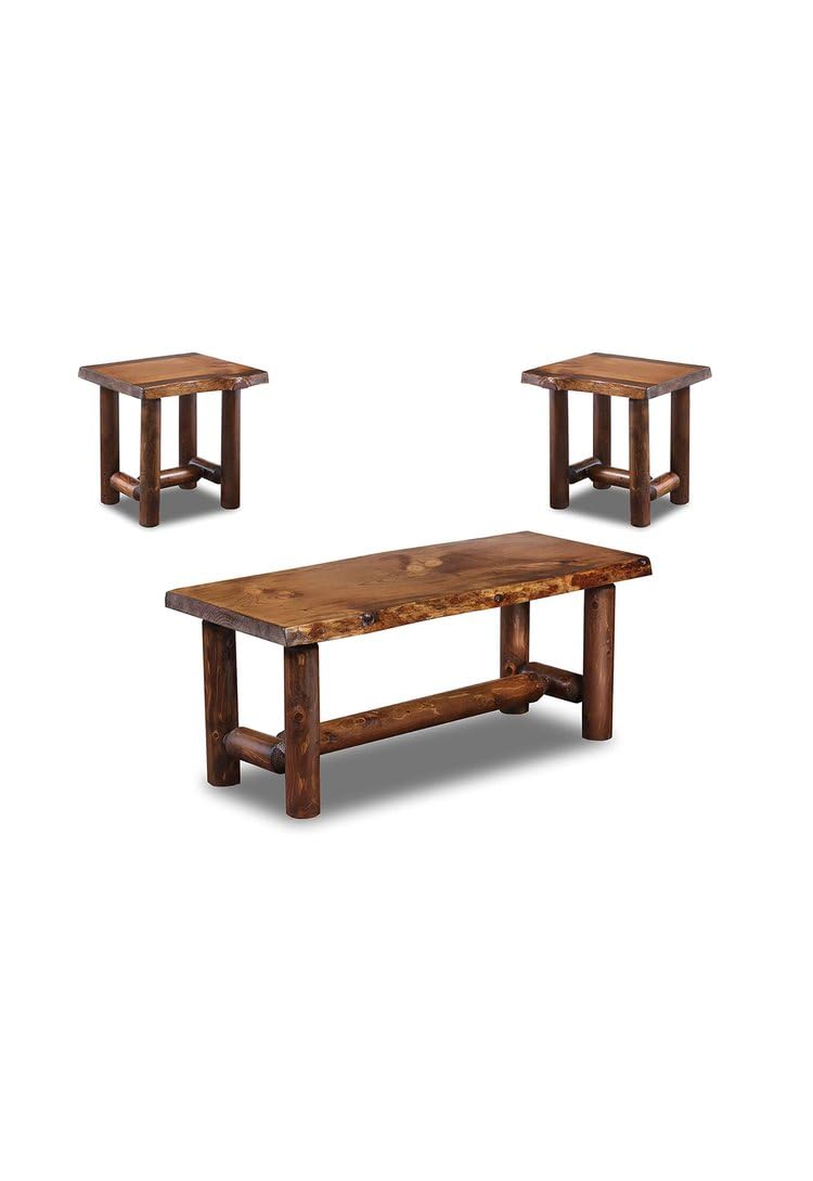 Rustic Log Coffee and End Table Sets of 3 - Pine and Cedar - Live Edge Rustic Furniture - Living Room Furniture - Awesome Wooden End Tables - Side Tables for House - Honey Pine Coffee Table Southern Rustic Logwerks