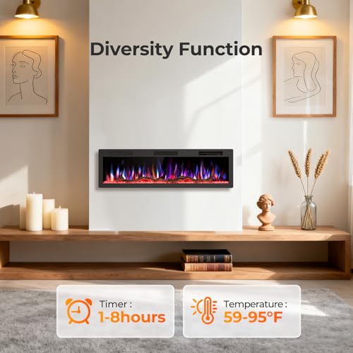 R.W.FLAME 60" Recessed and Wall Mounted Smart Electric Fireplace, Alexa/WiFi Enabled, APP Control with Multiple Sound Modes, Remote Control with Timer, Adjustable Flame Colors and Speed R.W.FLAME