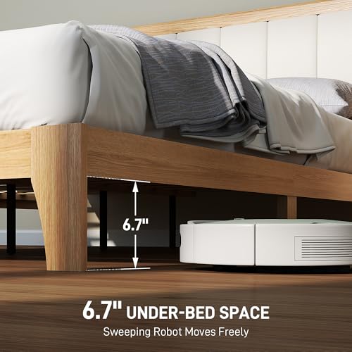 HOMCOM Full Size Bed Frame with Upholstered Headboard, Platform Bed Frame with Wooden Slats, No Box Spring Needed, Easy Assembly, Natural HOMCOM