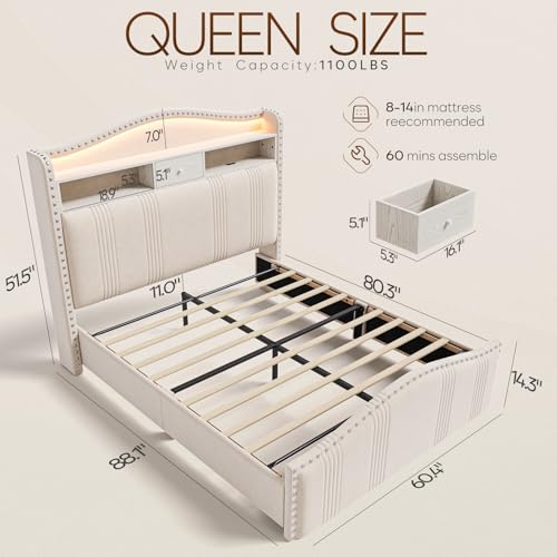 CIKUNASI 51.5" Queen Size Bed Frame with Tall Headboard and Storage | Velvet Upholstered Bed Frame with LED Lights & Charging Station | No Box Spring Needed Tall Footboard White CIKUNASI