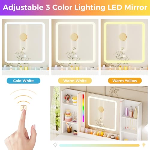 ANWBROAD Makeup Vanity Desk with Mirror and Lights 3 Colors Large Vanity Table with 7 Drawers & RGB Lights White Makeup Table with Charging Station 6 Storage Shelves Stool for Bedroom Women UBDT96W ANWBROAD