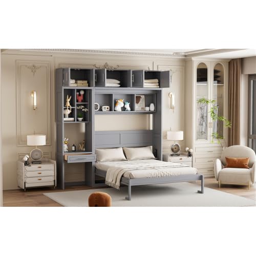 Harper & Bright Designs Queen Size Murphy Bed with Desk, Storage Cabinet & Shelves, Foldable Wooden Wall Bed, Space-Saving, Grey Harper & Bright Designs