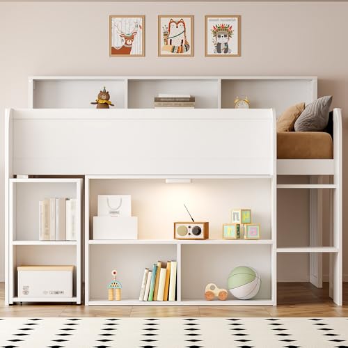 Merax Low Loft Bed with Pull-Out Desk, Full Size Loft Bed with 8 Storage Shelves and Lights, Wooden Kids Loft Bed with Safety Guardrail, Under-Bed Play Space, No Box Spring Needed, Noise-Free, White Merax