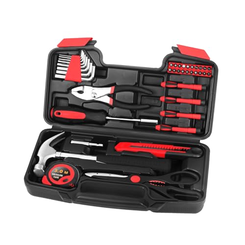 39 Piece All Purpose Household Red Tool Kit Small Basic Home Tool Set with Toolbox Great for Home, Garage, Office and College Dormitory Use, DIY and Crafts HANGYING