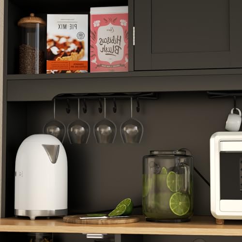 Kitchen Pantry Storage Cabinet,Freestanding Buffet Cabinet with Wine Glass Holder,Food Pantry Cabinet with Doors and Shelves,Tall Kitchen Hutch Cabinet with Microwave Stand for Kitchen (Black) Gyfimoie