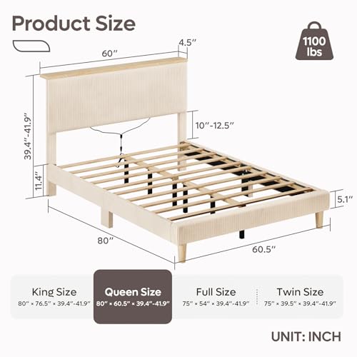 Bestier Queen Bed Frame with Adjustable Headboard & LED Lighting, Corduroy Upholstered Platform Bed Frame with Storage Shelf, Solid Wood Slats, No Box Spring Needed, Never Squeak, Easy Assembly, Beige Bestier