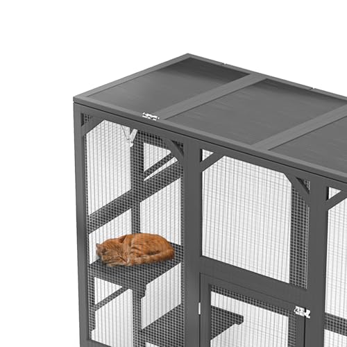 YOPTO 59" Wooden Catio Enclosure Outdoor Cat House with Anti-UV& Waterproof, Platforms and Resting Boxes Walk-in Cat Kennel Shelter for Indoor,Dark Grey YOPTO
