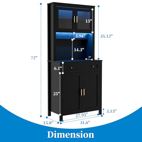 Yeyawomy 72" Tall Kitchen Pantry Cabinet with LED Light & Power Outlets, Farmhouse Large Storage Cabinet, Microwave Stand with Storage, Adjustable Cabinet Shelf, Black Kitchen Pantry (Black) Yeyawomy