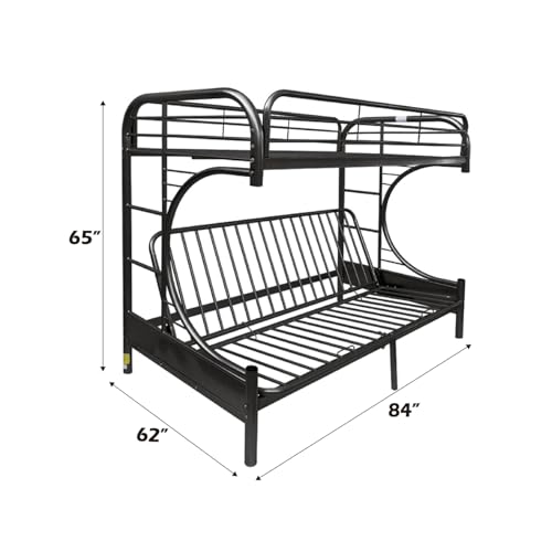 Stylish Black Metal Twin XL/Queen Futon Bunk Bed - 62"x84"x65" - 330lbs Weight Capacity - Full Length Guard-Rail - Ladder Access - Metal Slat System WoodArtSupply