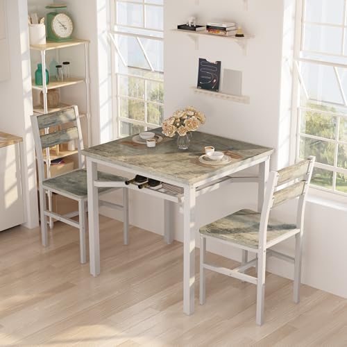 Hooseng 3 Piece Dining Table Set for 2, Small Wooden Kitchen Table with Storage, Farmhouse Square Dinette Set for Dining Room, Breakfast Nook, Apartment, Small Space Hooseng