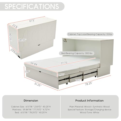 ZEIINPA Queen Size Murphy Bed Cabinet with Charging Station & Storage Drawer, Wall-Mounted Tri-Fold Mattress Space Saver for Bedroom, Living Room, Office (White) ZEIINPA