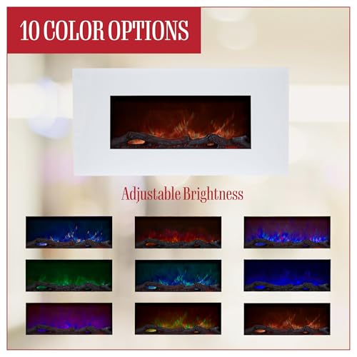 Northwest Wall Mounted Electric Fireplace Heater - 10-Color LED Flame and 3 Media Backgrounds 36-Inch Wall Mounted Fireplace with Adjustable Brightness and Remote (White) Northwest