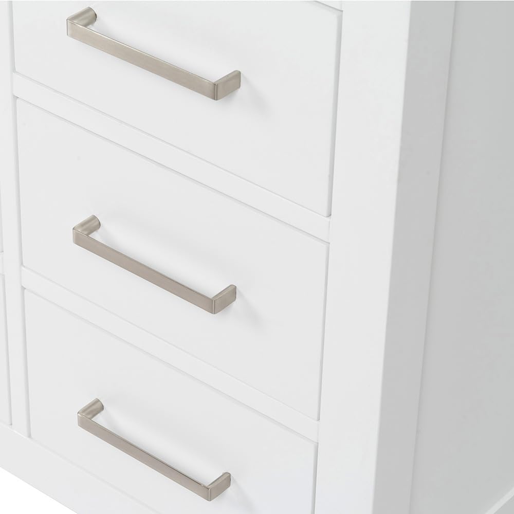 ARIEL Cambridge 55" White Bathroom Vanity with Sink, 1.5" Edge Pure White Quartz Countertop & Backsplash, Center Rectangular Sink, 2 Soft Closing Doors, 9 Full Extension Dovetail Drawers ARIEL