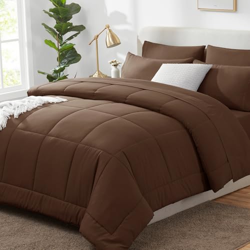 CozyLux King Size Comforter Set Brown, 7 Pieces Bed in a Bag, Brown Comforter King Size, All Season Bedding Sets with Stitch Quilted Comforter, Flat Sheet, Fitted Sheet, Pillowcases CozyLux