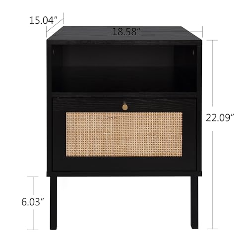 Natural Rattan Nightstands Set of 2, Accent End Table, Boho Bedside Table with 1 Hand Made Decorated Door for Living Room, Bedroom, Black Angel Sar
