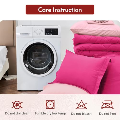 MUXHOMO 7 Pieces Full Comforter Set, Reversible Bed in a Bag Full Size, All Season Bedding Set with Comforter, Flat Sheet, Fitted Sheet, Pillowcases & Shams, Hot Pink & Baby Pink MUXHOMO