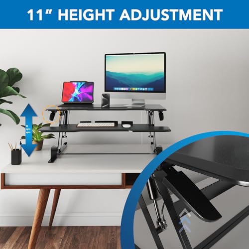 Mount-It! 38" Standing Desk Converter, Desktop Sit-Stand Desk Riser with Gas Spring Height Adjustment, Compact Desk Topper for Dual Monitors or Laptop, Keyboard Tray, Black Mount-It!