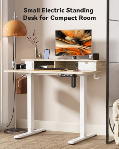 JOY worker Small Electric Standing Desk, 35" x 25" Height Adjustable Desk with Built-in Monitor Stand & Storage Drawer, White Sit Stand Desk with 2 Hooks for Home Office, Light Walnut JOY worker
