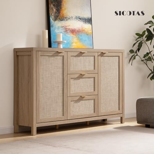 SICOTAS 52" Larger Sideboard Buffet Coffee Bar Cabinet with Storage - Farmhouse Rattan Credenza Storage Cabinet with 3 Drawers and 2 Doors, Boho Console Table for Living Room, Kitchen, Light Oak SICOTAS