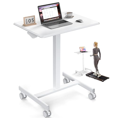 NEWBULIG Small Standing Desk Mobile Rolling Laptop PC Desk on Wheels Adjustable Height Computer Workstation Portable Modern Table for Home Office Bedroom, Modern White NEWBULIG