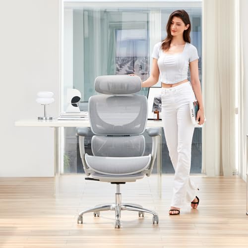COLAMY Ergonomic Mesh Office Chair, High Back Desk Chair with Footrest, Adjustable Headrest and 3D Arms, Fixed Tilt Lock, Lumbar Support, Breathable Mesh Computer Chair for Home Office,Grey COLAMY