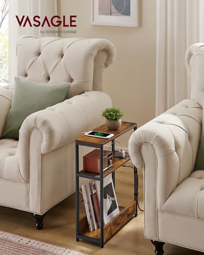 VASAGLE Side Table with Charging Station, Narrow End Table, 3-Tier Nightstand, Sofa Table for Small Spaces, Magazine Rack, for Living Room, Bedroom, Study, Rustic Brown and Ink Black ULET335K01 VASAGLE