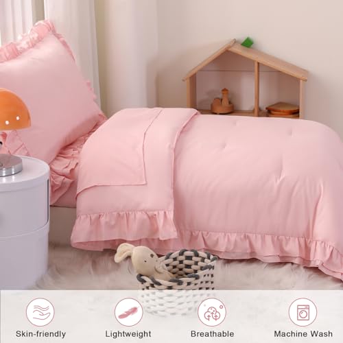 Wowelife Pink Toddler Bedding Set for Girls Toddler Bedding 4 Pieces Boho Tufted Comforter with Ruffles Design Toddler Girl Bed Set with Comforter, Fitted Sheet, Flat Sheet and Pillowcase Wowelife
