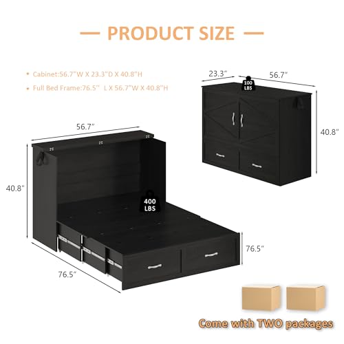 YANSNWO Full Size Murphy Bed with Storage, Farmhouse Murphy Bed Cabinet with Large Storage Drawer, Quiet Design, Foldable Platform Bed for Guest Bedroom, Home Office, Small Room, Distressed Black YANSNWO