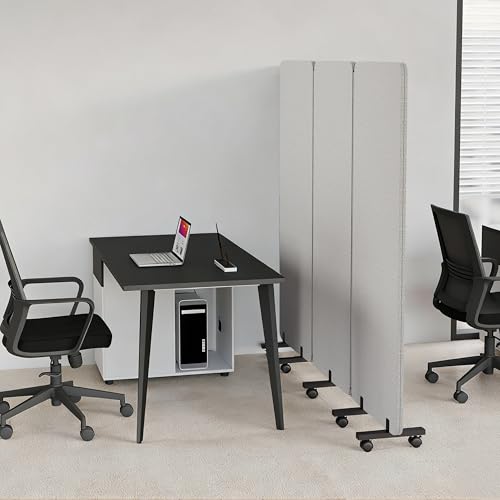 KERRAM 3 Panel Foldable Office Partitions, Mobile Cubicle Wall with Wheels, 71 x 66 Inch Noise Cancelling & Sound Proof Room Dividers Partition Wall, Aluminum Frame Gray KERRAM