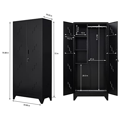 Generic Metal Locker Storage Cabinets, 72” Black Tall Steel Locker, Lockable Doors for Home, Garage. Garden OM566 WoodArtSupply